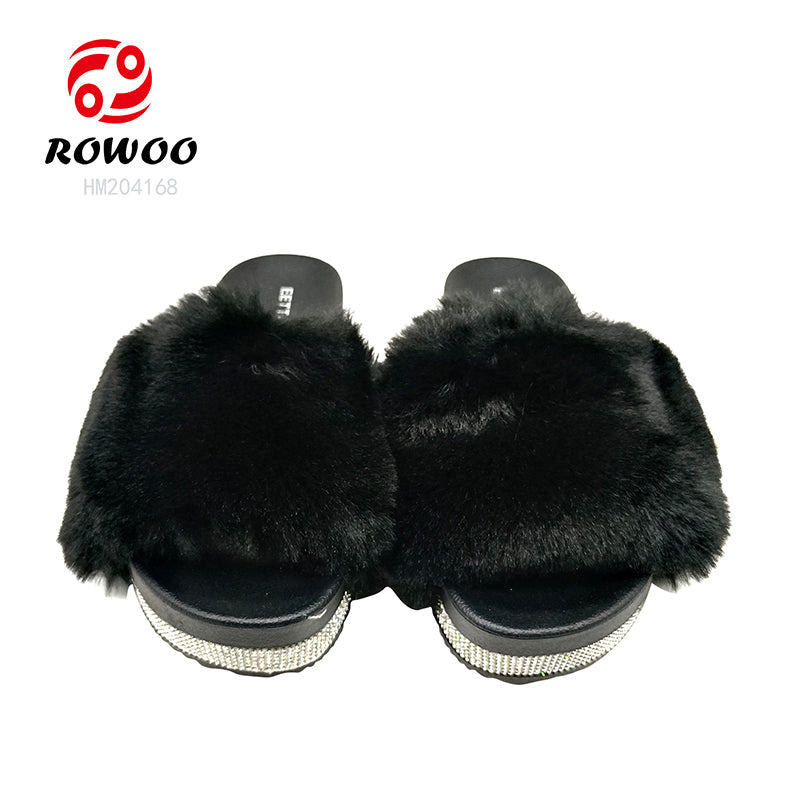 Wholesale Women's Fashion Furry Rhinestone Platform Slide Sandals