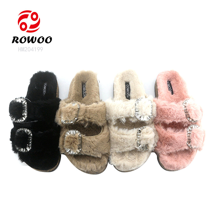 Rhinestone Buckle Furry Women's Slippers