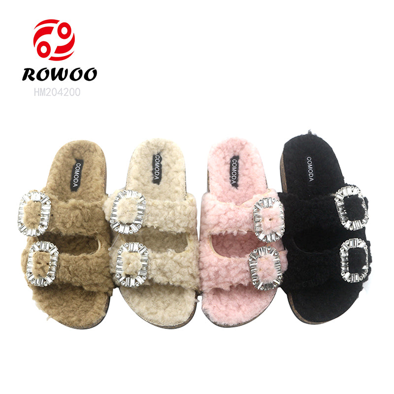 Double Rhinestone Buckle Furry Slippers