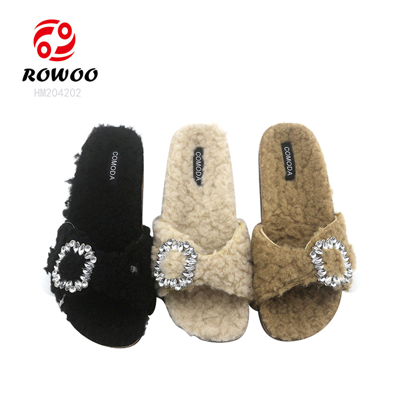 Crystal Buckle Furry Women's Slippers