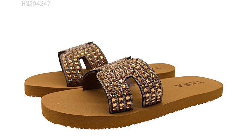 HUMMOO Women's Rhinestone Strap Slide Sandals