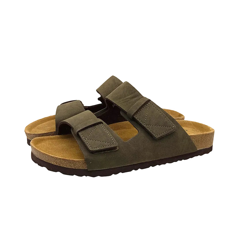 Hook Loop Olive Suede Cork Slides