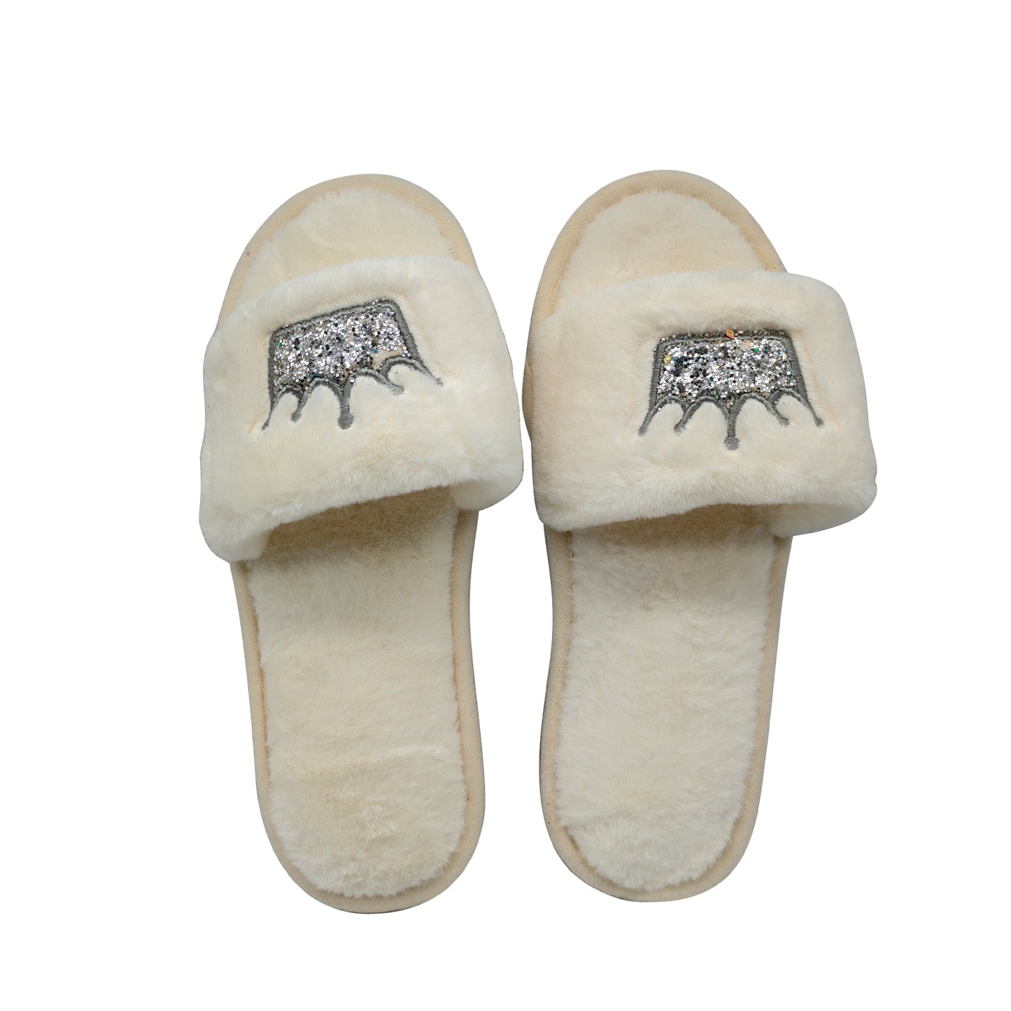 Cream Glitter Crown Fluffy Open Toe Slippers