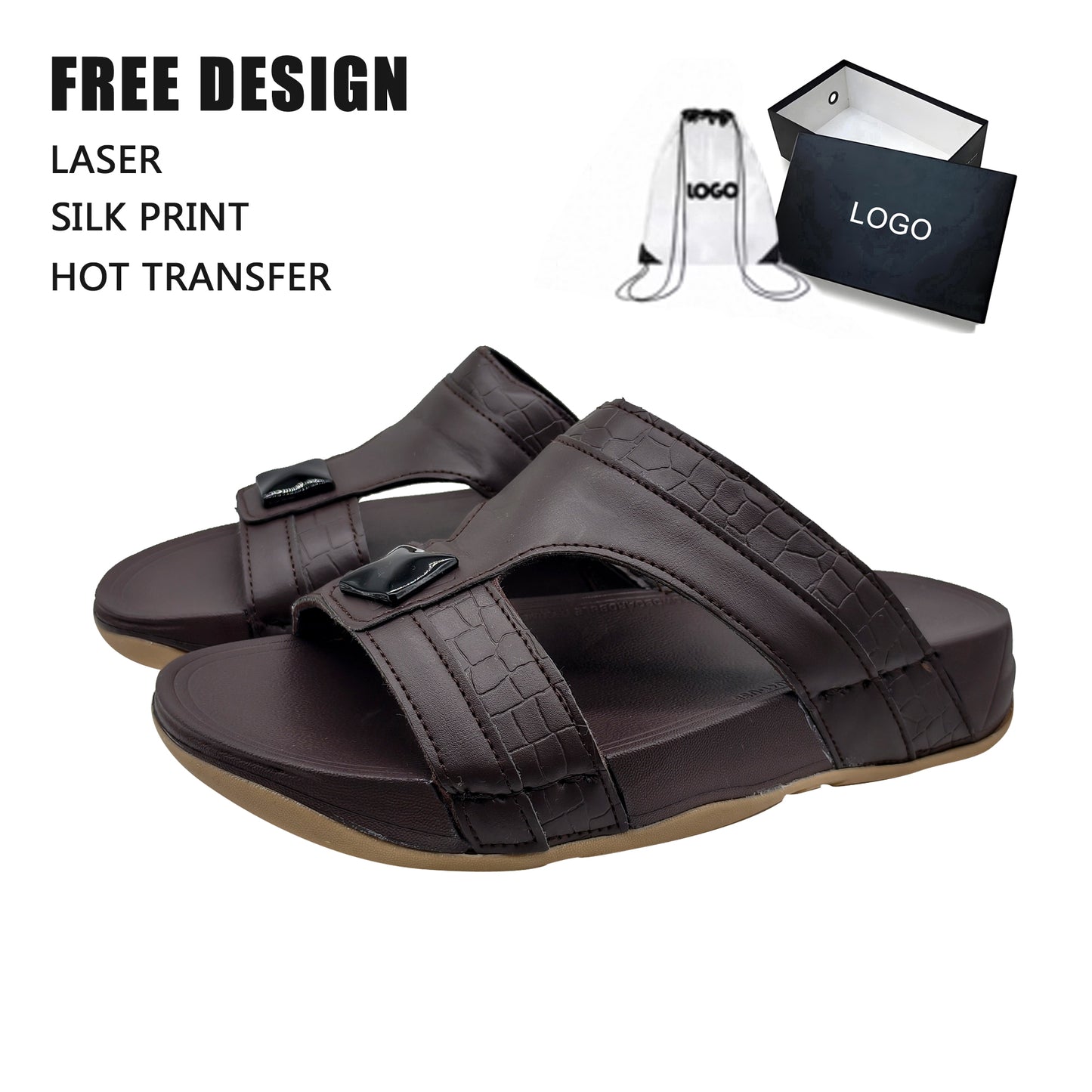 Grain Leather Adjustable Buckle Wedge Custom Logo Slide Sandals