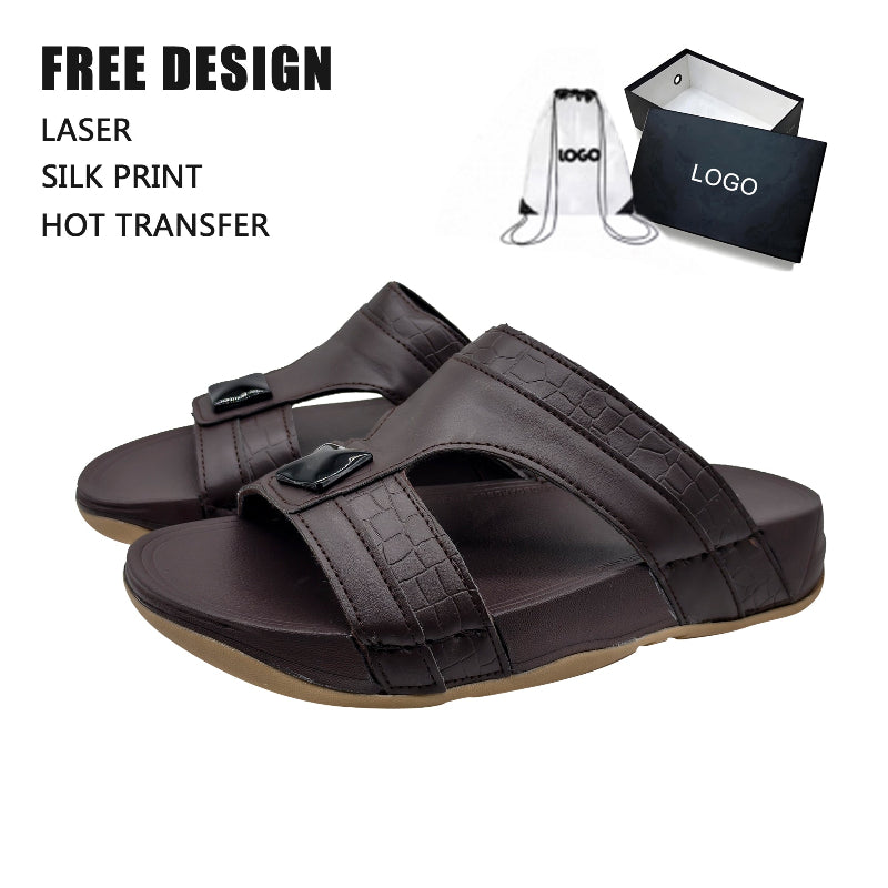 Grain Leather Adjustable Buckle Wedge Custom Logo Slide Sandals