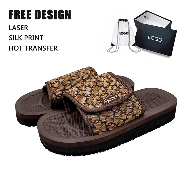 Brown Jacquard Velcro Slides