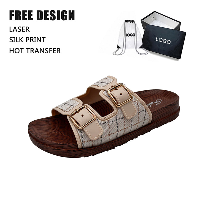 Plaid Dual Buckle Wood Slides