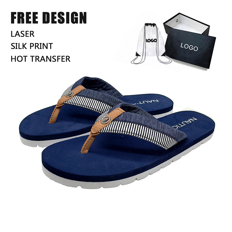 Denim Stripe Leather Tab Flip Flops