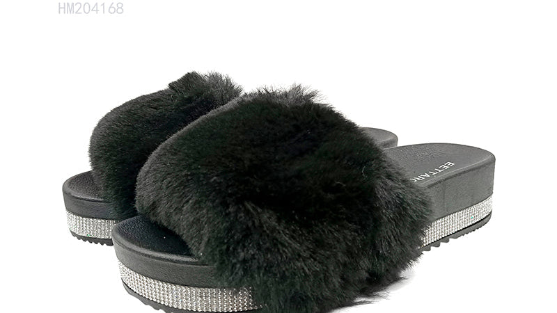 Wholesale Women's Fashion Furry Rhinestone Platform Slide Sandals