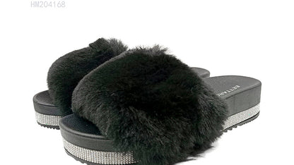 Wholesale Women's Fashion Furry Rhinestone Platform Slide Sandals
