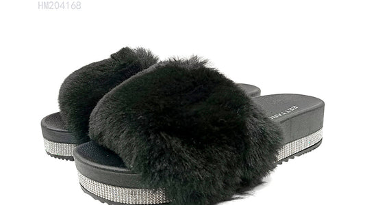 Wholesale Women's Fashion Furry Rhinestone Platform Slide Sandals