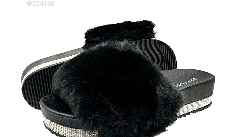 Wholesale Women's Fashion Furry Rhinestone Platform Slide Sandals