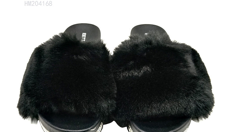 Wholesale Women's Fashion Furry Rhinestone Platform Slide Sandals