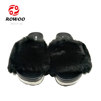 Wholesale Women's Fashion Furry Rhinestone Platform Slide Sandals