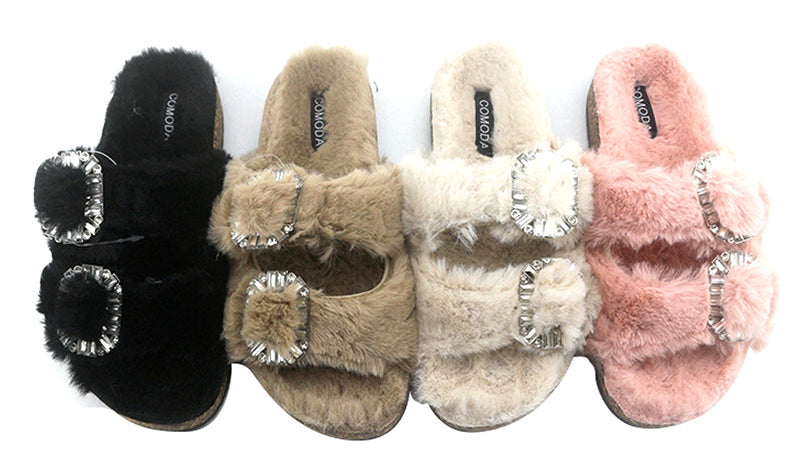 Rhinestone Buckle Furry Women's Slippers