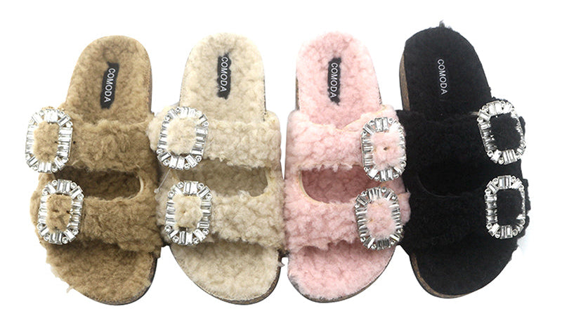 Double Rhinestone Buckle Furry Slippers