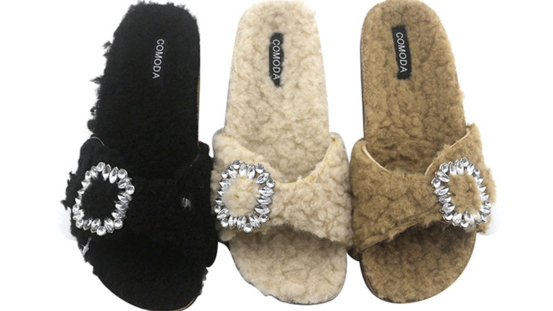 Crystal Buckle Furry Women's Slippers