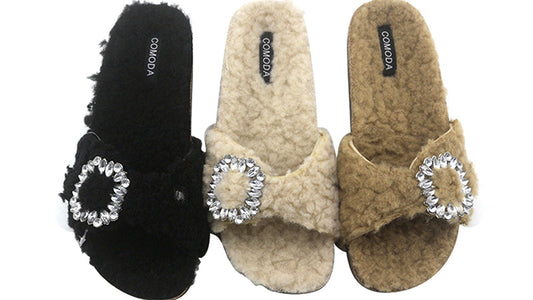 Crystal Buckle Furry Women's Slippers