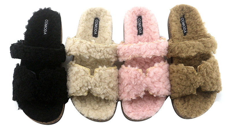 Double Strap Furry Women's Slippers
