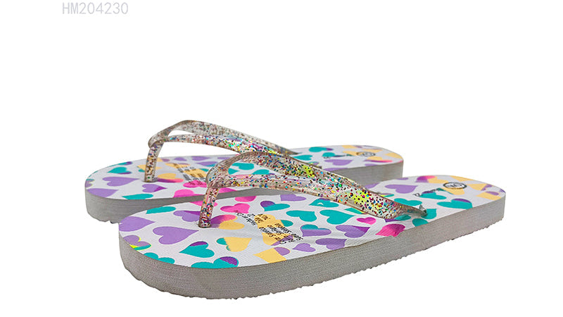 Colorful Heart Print Glitter Flip Flops