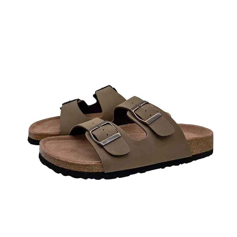Khaki Cork Buckle Slide Sandals