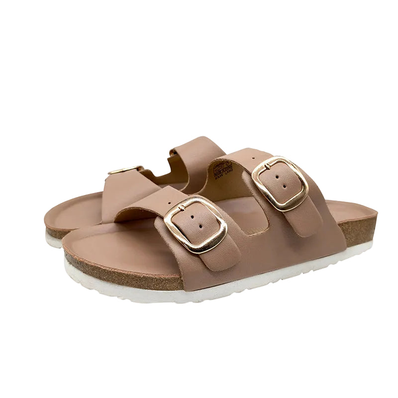 Gold Buckle Nude Cork Slides