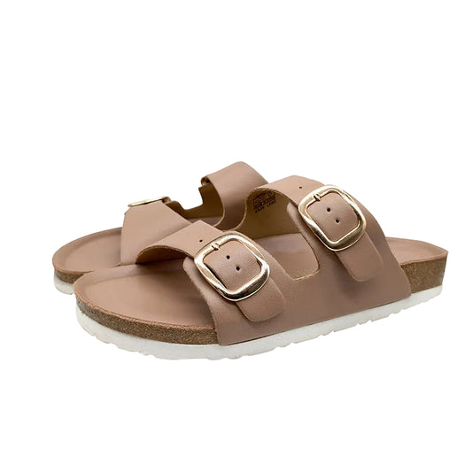 Gold Buckle Nude Cork Slides