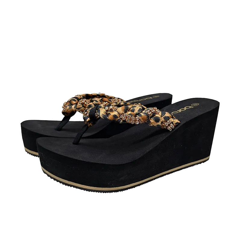 Leopard Rhinestone Wedge Flip Flops