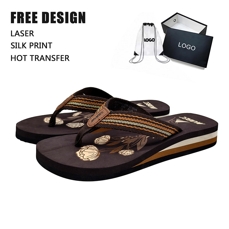 Striped Webbing Floral Wedge Flip Flops