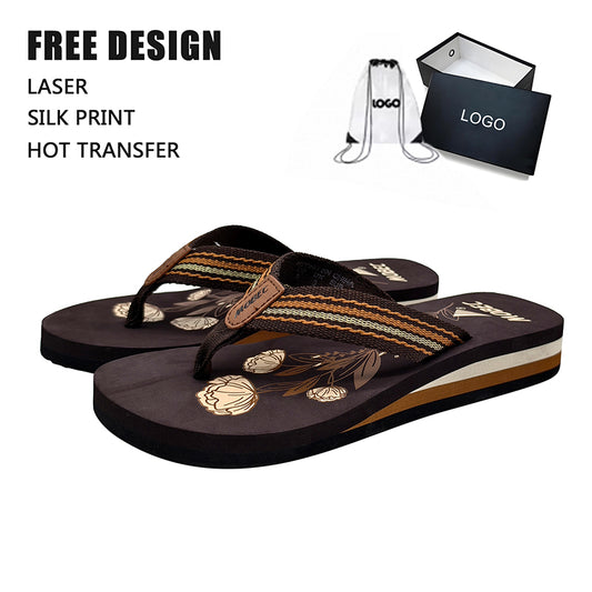 Striped Webbing Floral Wedge Flip Flops