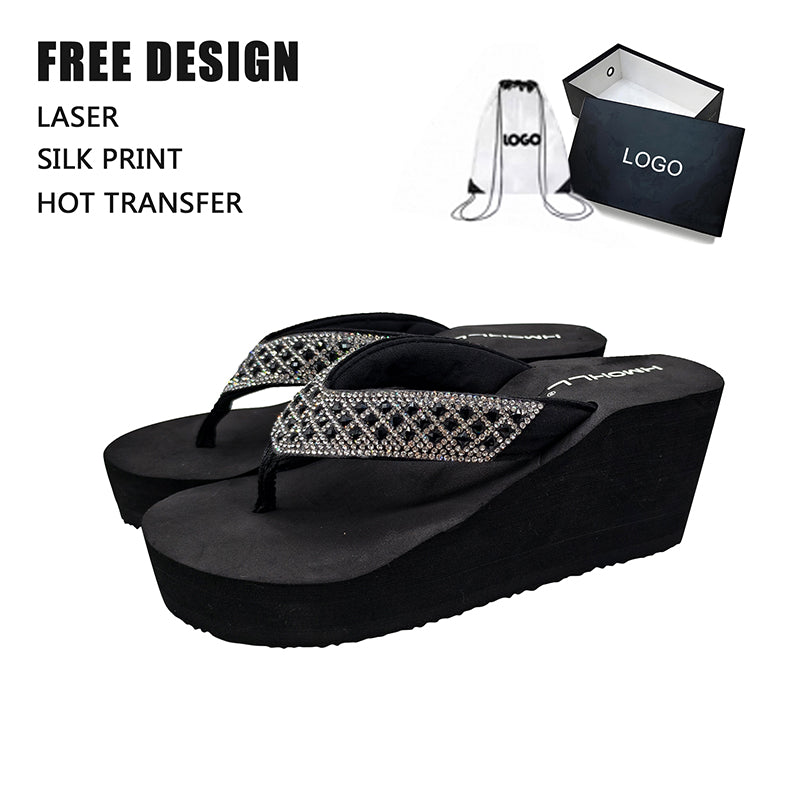Lattice Rhinestone Black Wedge Flip Flop
