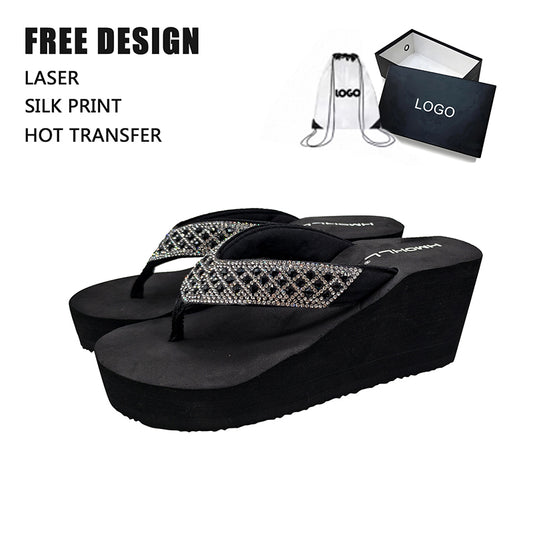 Lattice Rhinestone Black Wedge Flip Flop