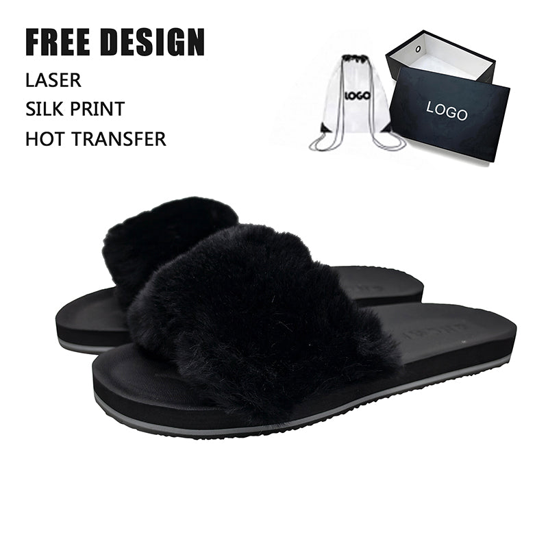 Black Furry Slides