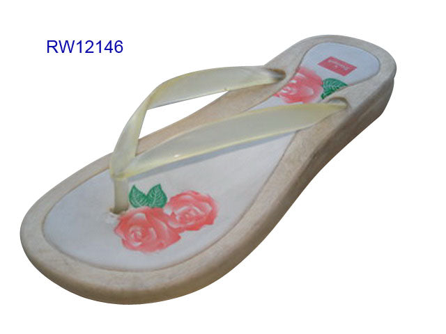 Beige Platform Flip Flops with Floral Print - Comfort All Day Wear