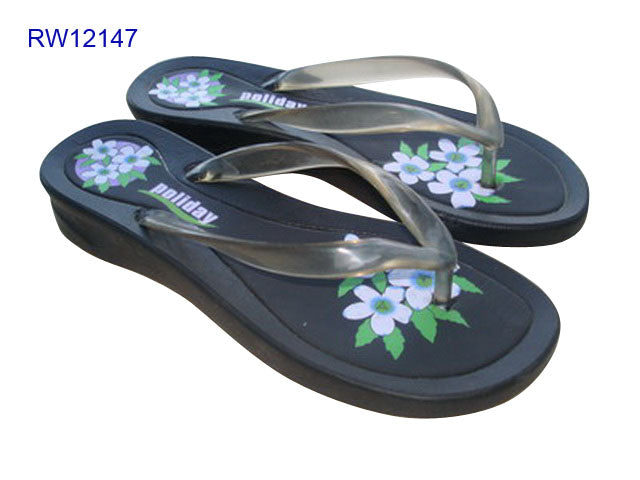 Wholesale Women's Black Floral Print Wedge Flip Flops