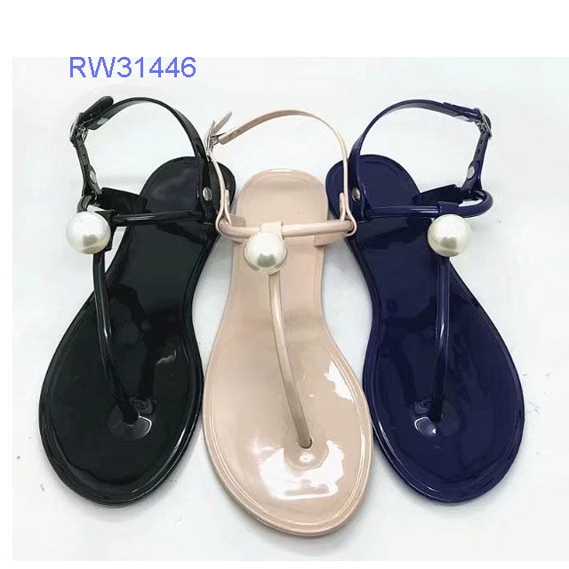 Wholesale Custom Pearl Decor PVC T-Strap Jelly Sandals